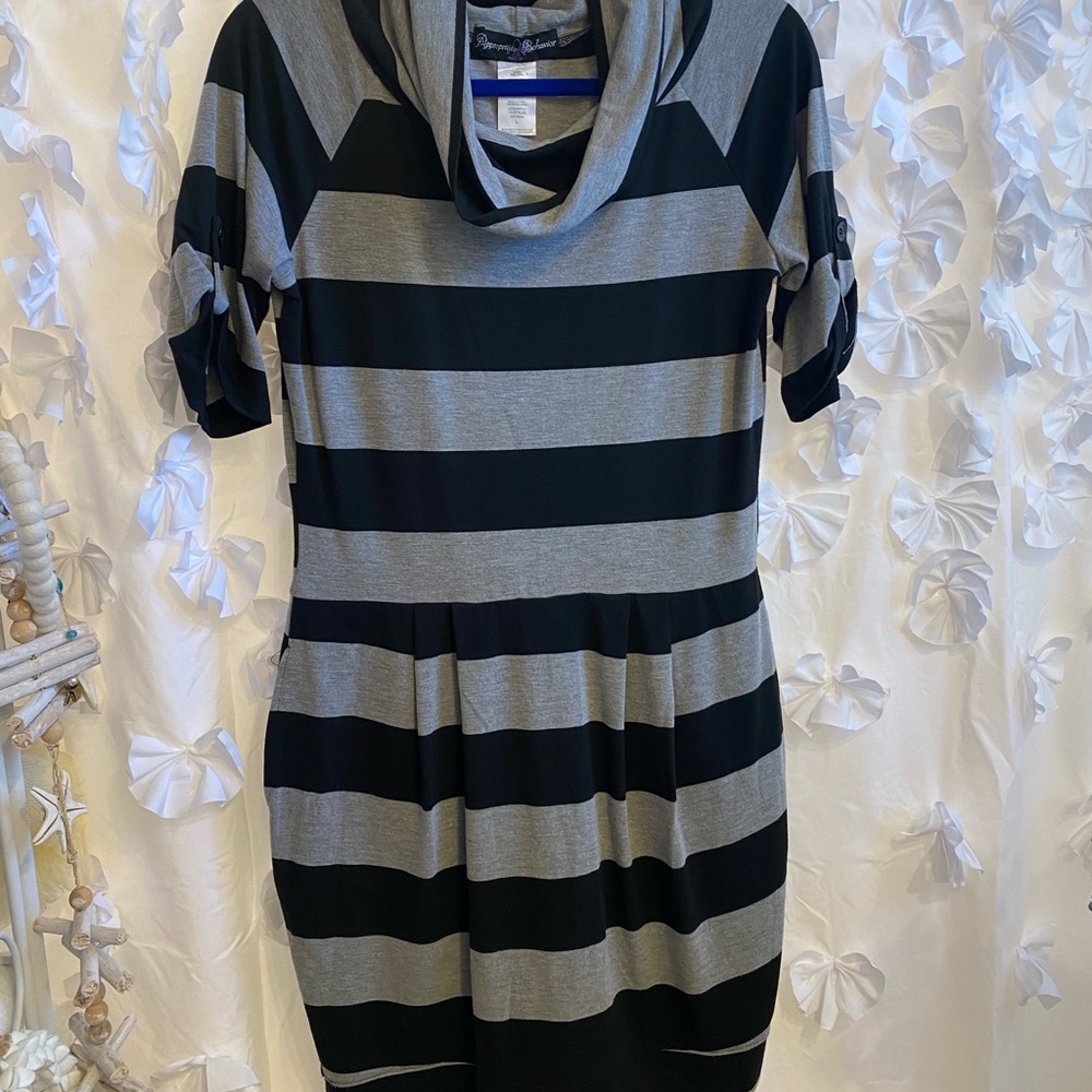 Appropriate Behavior black and gray striped dress.